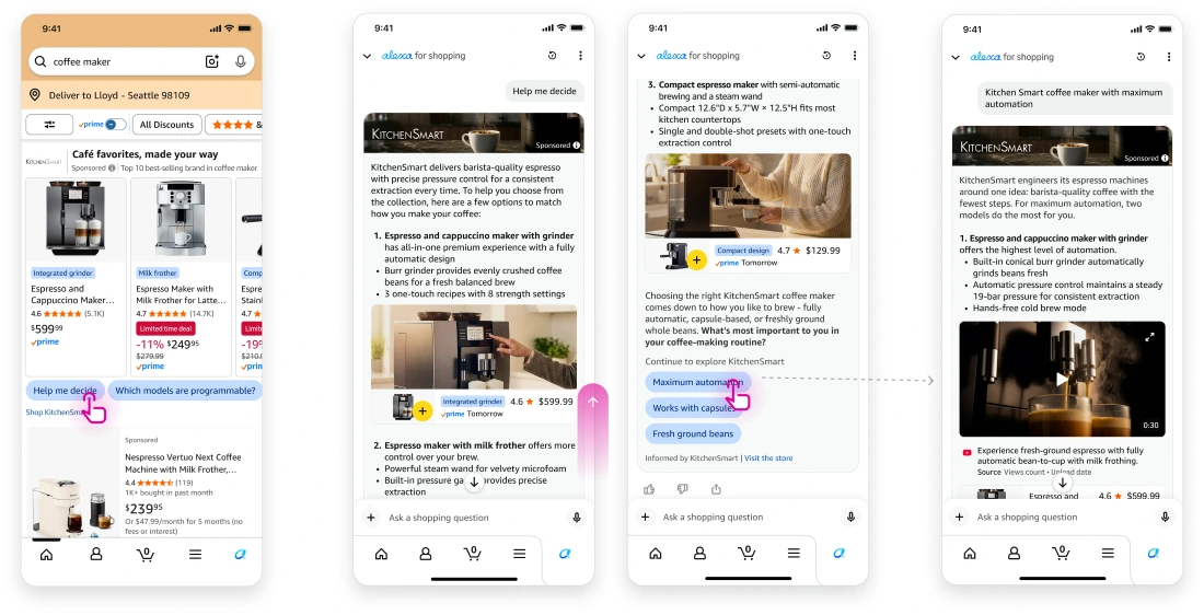 コーヒーメーカーの検索から、スポンサー表示のある案内、会話による商品比較へ進む四つの画面。