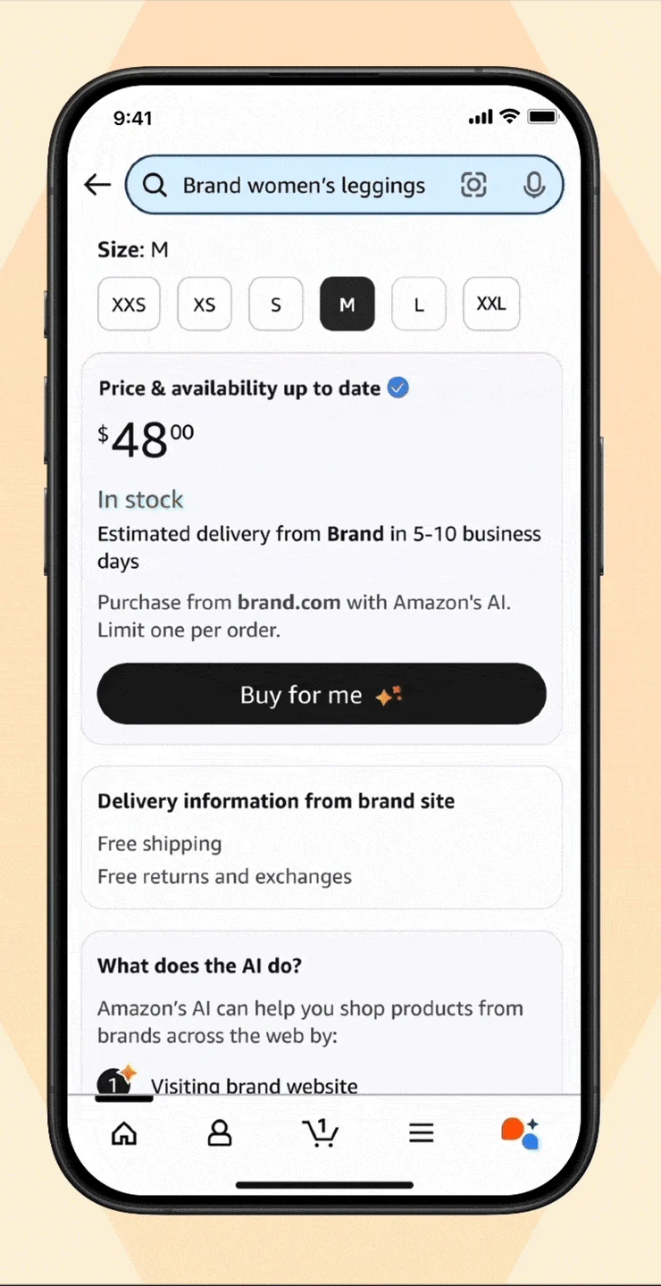 Amazon Buy for Meの公式紹介画面。サイズ、48ドルの価格、配送・返品情報と、ユーザーが押すBuy for meボタンがある。
