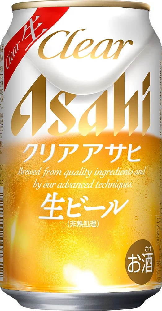 黄色と白の配色、泡だれ、大きなAsahi表記と生ビールの文字がある、クリア アサヒ生の公式缶画像。