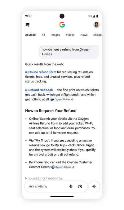 Googleの説明用英語画面。航空券の払い戻しを尋ねるAI回答の上に、公式フォームや問い合わせ先へのリンク枠がある。