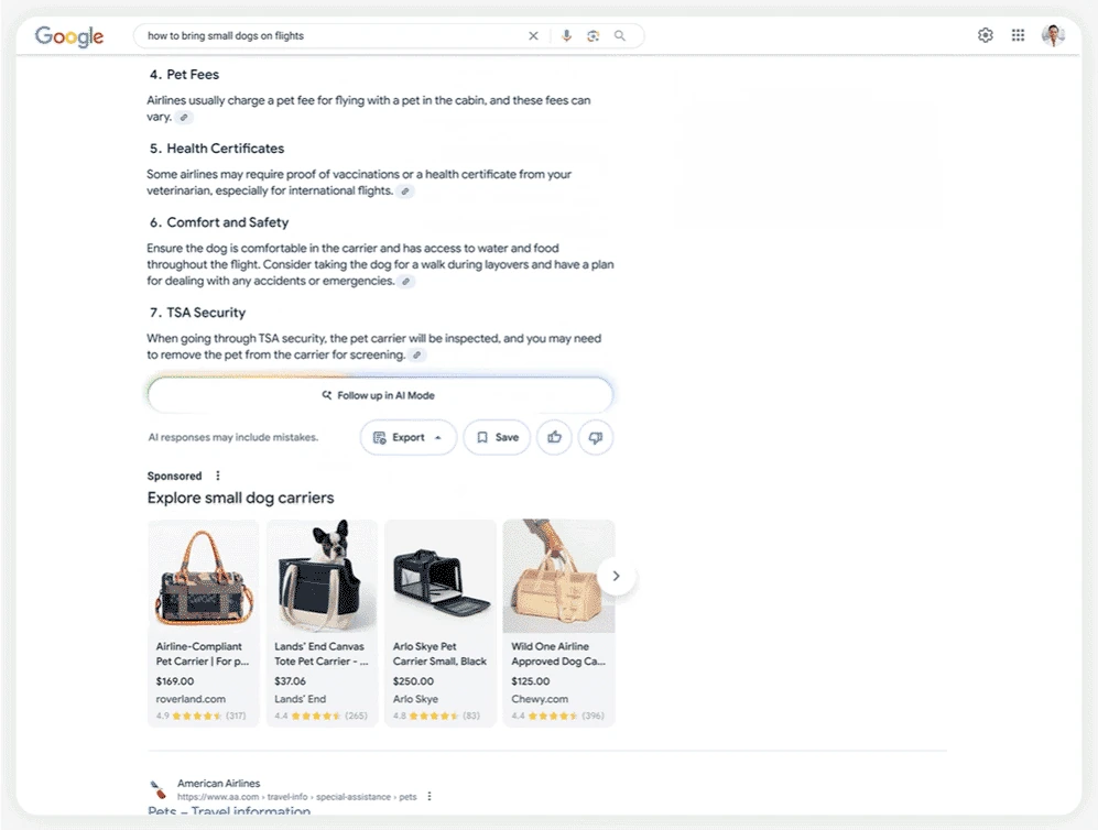 Google公表の英語画面。犬を機内へ連れていく方法のAI回答の下に、Sponsoredと明示された犬用キャリーバッグの商品広告が並ぶ。