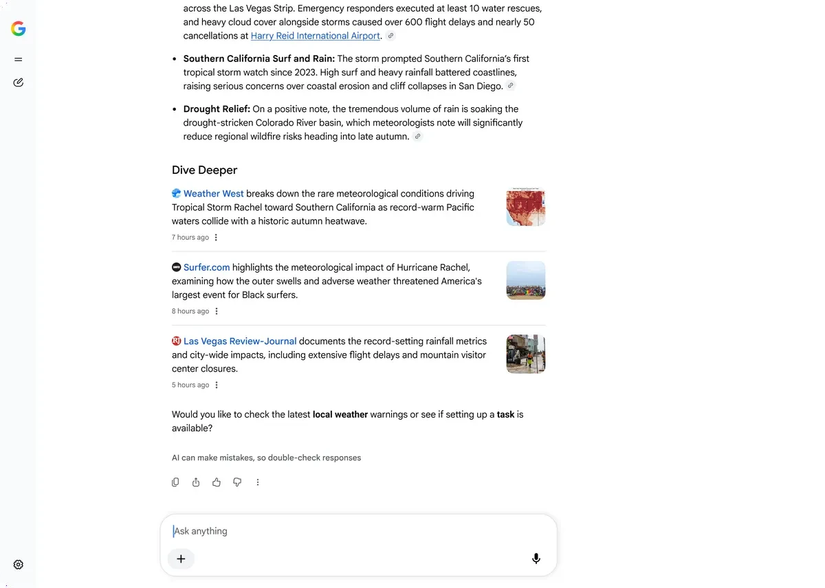 Google公表の英語画面例。天候についてのAI回答の後に、Dive Deeperとして画像付きの関連記事リンクが並ぶ。