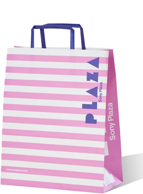 ピンクの横縞に青いPLAZAの縦文字と持ち手を合わせた、1999年からの袋。